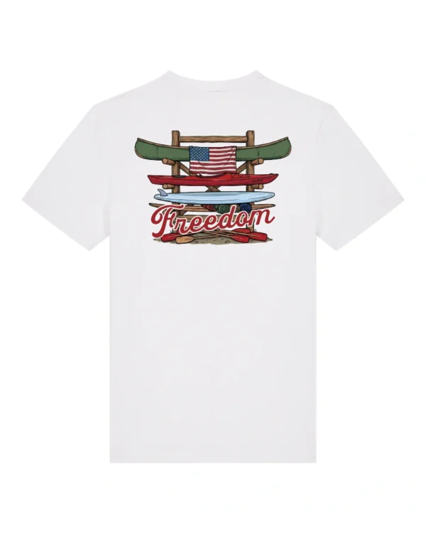 Patriotic Lake Life Shirt featuring canoe, kayak, paddleboard, American flag, and rustic wooden paddle rack on organic cotton t-shirt.