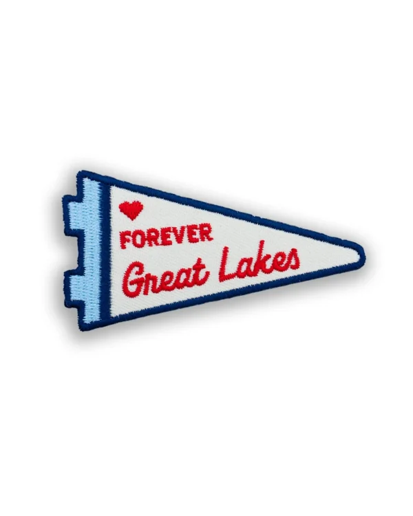 Forever Great Lakes Patch featuring a vintage pennant shape with red lettering, a blue border, and embroidered details.
