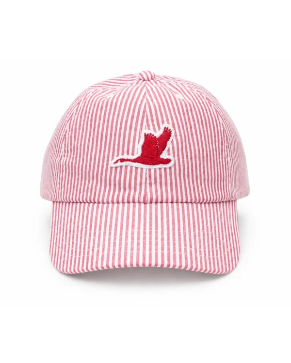 Embroidered Goose Cotton Cap with red-and-white stripes, curved brim, and raised wildlife patch shown from the front.