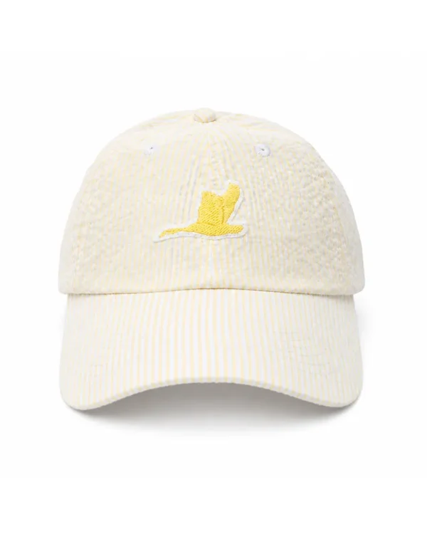 Front view of the Yellow Embroidered Goose Cap with yellow pinstripes, curved brim, and embroidered flying goose patch.